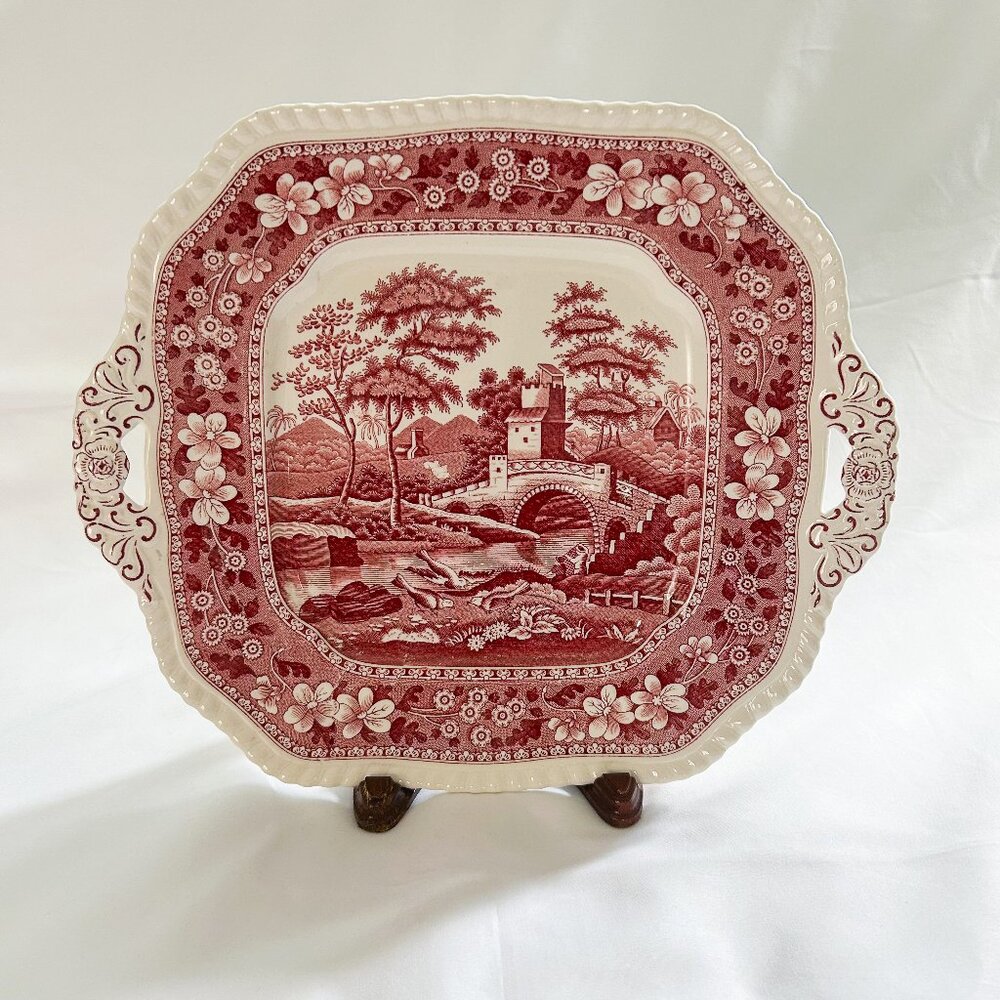 Copeland Spode Tower Vintage China Square Cake Plate with Handles, Rare